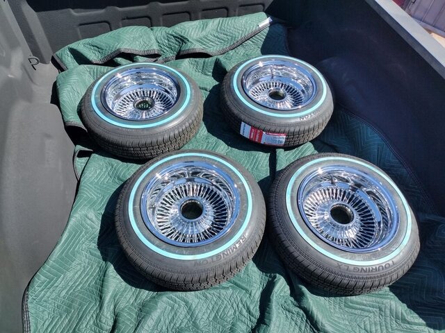 Chrome Wire Wheels Blue Stripe Tires 026 — VDK Tire Shop