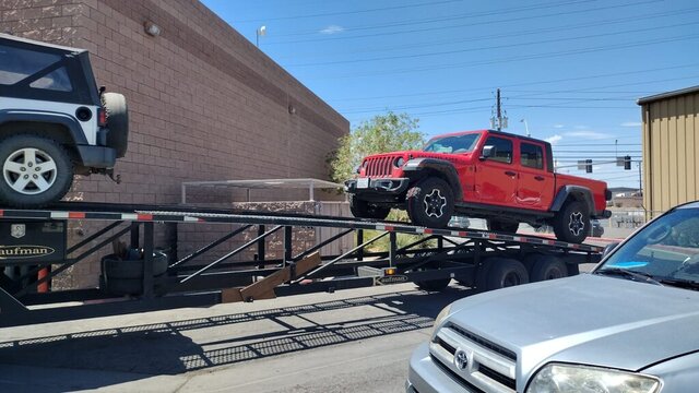 Red Jeep Gladiator On Trailer 004 — VDK Tire Shop
