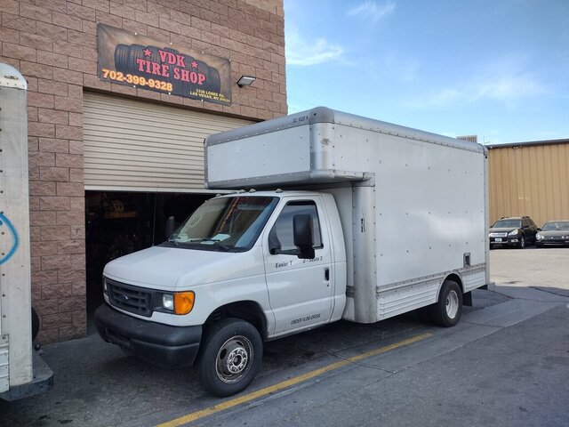 White Box Truck Outside Tire Shop 052 — VDK Tire Shop
